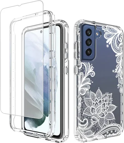 Vista 8 de Funda para Galaxy S21 FE, SM-G990U con protector de pantalla de vidrio templado, diseño floral a prueba de golpes, carcasa protectora de cuerpo
