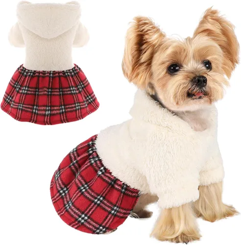 Vista 11 de Suéteres para perros pequeños para niñas, vestido de invierno para cachorros, sudadera con capucha de forro polar, ropa cálida para mascotas