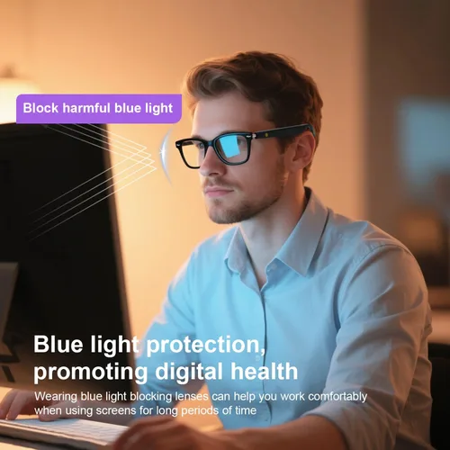 Vista 3 de Anteojos inteligentes con Bluetooth, IPX5 impermeables y anti-luz azul, anteojos de audio inteligentes con toque inteligente, altavoz de oído