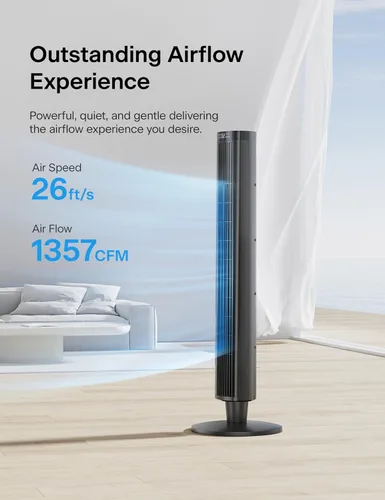 Vista 4 de PELONIS - Ventilador de torre de 42 pulgadas para dormitorio – 26 pies/s, ventilador de torre oscilante de 90° con control remoto, pantalla LED