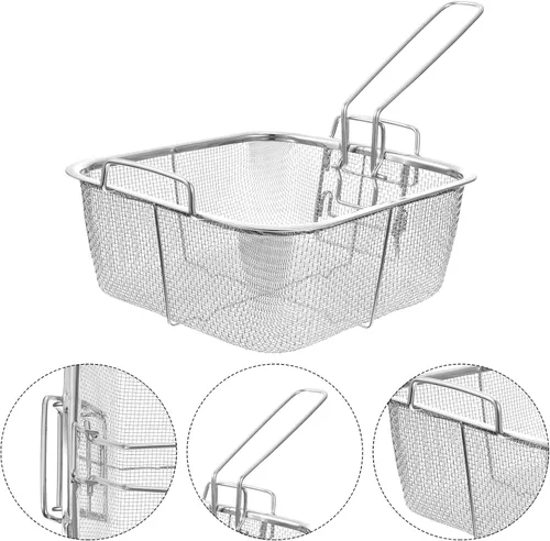 Vista 6 de Hemoton Cesta cuadrada de acero inoxidable para freír de 12.9 x 7.9 pulgadas con mango plegable, colador de freidora profunda para papas fritas