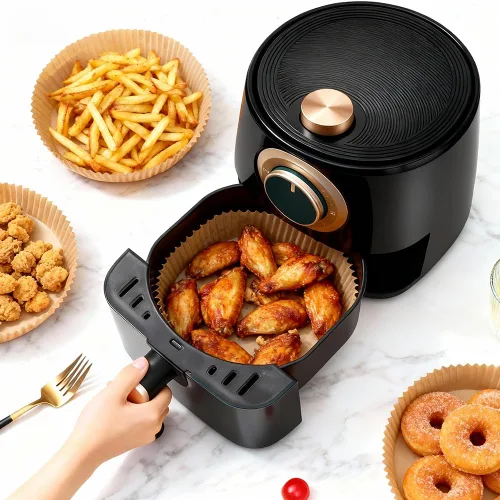 Vista 9 de BYKITCHEN 300 PCS forros desechables pequeños para freidora de aire de 2 a 5 QT, forros redondos de papel pergamino para freidora de aire