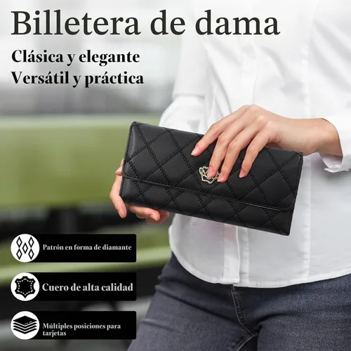 Vista 3 de Cartera larga de cuero con tres pliegues para mujer, con cremallera, hebilla elegante, cartera de mano para mujer, color negro