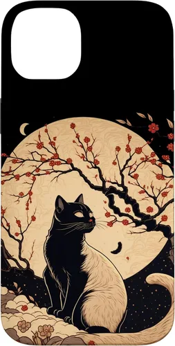 Vista 15 de Kawaii black cat japanese with cherry blossom anime style Case for iPhone 16
