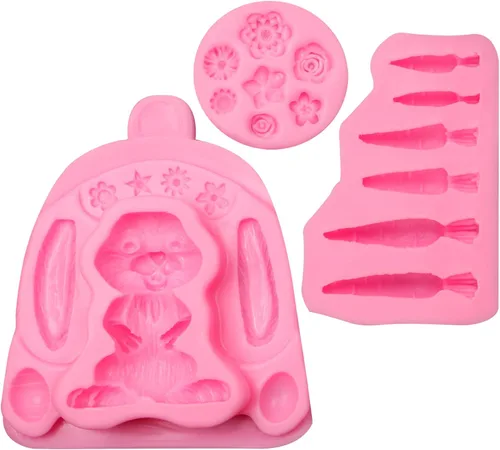 Vista 9 de Molde de silicona 3D de conejo de Pascua, moldes de chocolate con zanahoria de conejo grande, huevos de conejo, oreja, margarita, flores, dulces