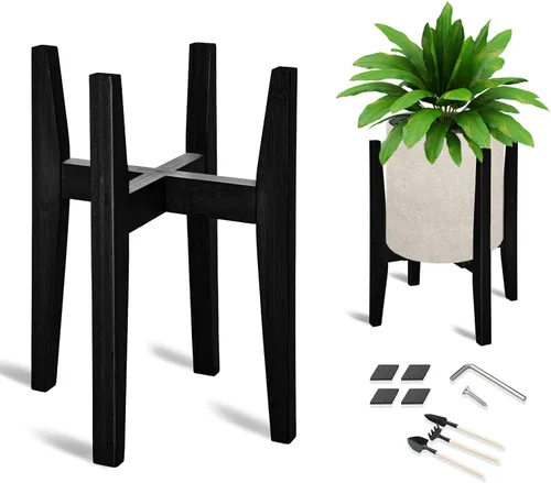 Vista 11 de OERGKE Soporte ajustable para plantas de interior, soportes de bambú modernos de mediados de siglo, soporte de flores de esquina para sala de estar
