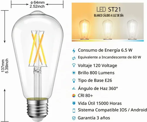 Vista 3 de LVWIT Bombilla inteligente LED vintage ST21 Edison regulable WiFi, equivalente a 60 vatios, base E26, 2700K - 6500K, compatible con Alexa, Google