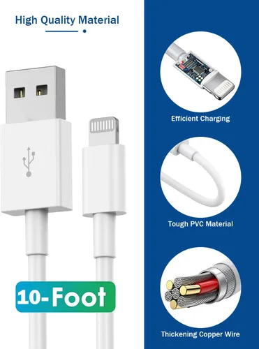 Vista 4 de Cargador para iPhone de 10 pies, [certificado MFi] Cable Lightning largo de sincronización de datos con cargador de pared USB, adaptador de enchufe