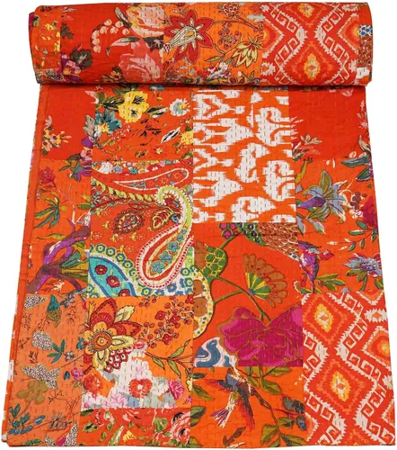 Vista 12 de Marubhumi Colchas hechas a mano tradicional de algodón puro con estampado de cachemira Kantha, funda de cama reversible con estampado de cachemira