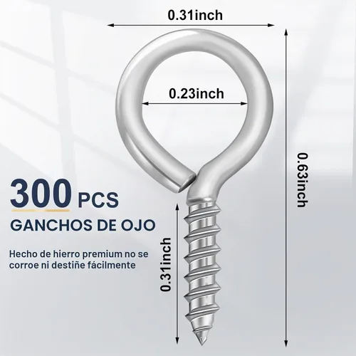 Vista 2 de AUGSUN Tornillos de ojo, 300 piezas de 0.63 pulgadas, ojales de tornillo resistentes, pernos de ojo, ganchos de tornillo, anillos de tornillo