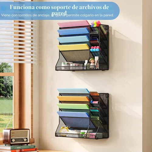 Vista 4 de Jakyitvi Organizador de archivos montado en la pared, organizador de escritorio de metal ajustable y duradero de 4 niveles, soporte para archivos