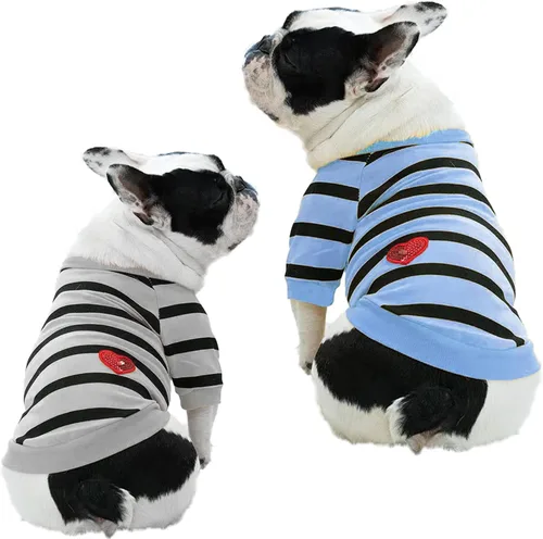 Vista 17 de Ropa para Bulldog Francés Camiseta para Perros Pequeños Camiseta de Verano a Rayas para Cachorros, XS, Azul