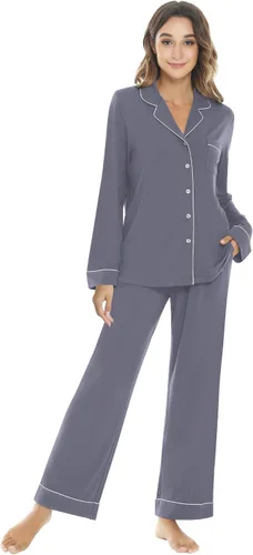 Vista 41 de NACHILA Women's Pajamas Set-Viscose Made from Bamboo, Long Sleeve Sleepwear Top with Pants Comfy Pajama Soft 2 Piece Pjs B-aqua Green