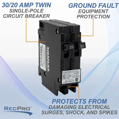 Vista 4 de RecPro Interruptor de circuito para RV Q3020 30/20 amperios doble unipolar 120V termo-magnético Desencadenamiento estándar Tipo de enchufe