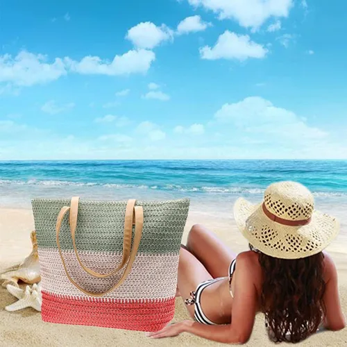 Vista 23 de Bolso grande de paja para mujer, tejido de ratán, bolso de playa de verano, a rayas