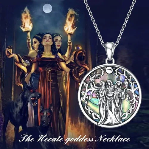 Vista 5 de TIGER RIDER Collar de diosa de triple luna de plata de ley con amuleto mágico Wicca pagano del árbol de la vida, joyería para mujeres y hombres