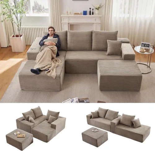 Vista 55 de Sofá modular Cloud de 95 pulgadas con otomana, moderno sofá nube en forma de U con asiento profundo, cómodo sofá de pana de 3 plazas, sofá de espuma