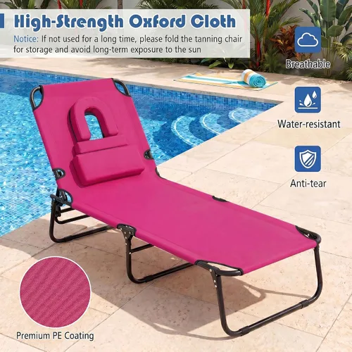 Vista 8 de Goplus Silla de bronceado, silla de playa plegable con agujero facial, almohada extraíble, correa de transporte, posición ajustable, silla