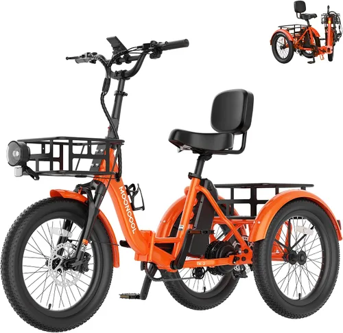 Vista 15 de MOONCOOL Triciclo eléctrico plegable para adultos, E-Trike de aluminio de 20 pulgadas con función de marcha atrás y opciones de largo alcance, Plata