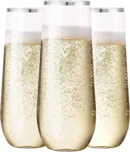 Vista 9 de SUT 24 copas de champán de plástico color oro rosa, copas de champán de plástico sin tallo de 9 onzas, vasos de tostado transparente con borde