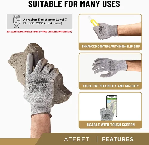 Vista 3 de ATERET Guantes de trabajo de nailon HPPE y guantes recubiertos de fibra de vidrio, uso ideal para corte de vidrio, fabricación