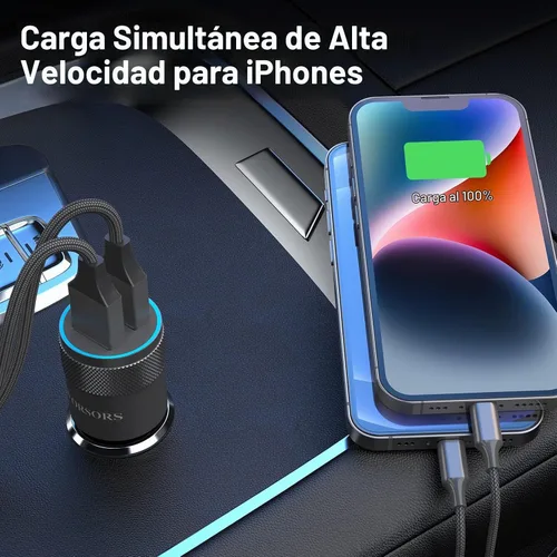 Vista 3 de Cargador rápido MFi Dual USB 4.8A con 2 cables Lightning de 3 pies