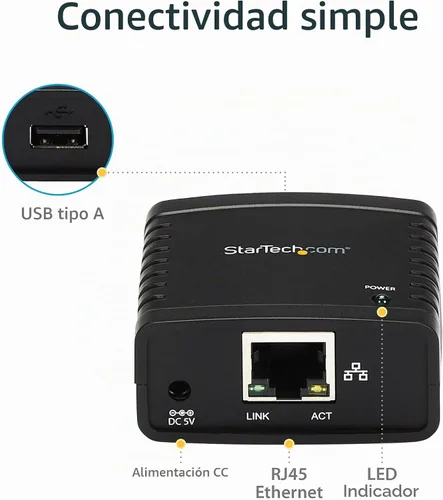 Vista 5 de StarTech 10/100Mbps Ethernet a USB 2.0 Network Print Server - Windows 10 - LPR - Adaptador de servidor de impresión LAN USB (PM1115U2)