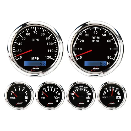 Vista 9 de RACETECH Juego de 6 instrumentos – Velocímetro GPS de 85mm (3-3/8") 120 MPH y Tacómetro 8000 RPM – 90° 52mm (2-1/16") Medidores de combustible, Negro