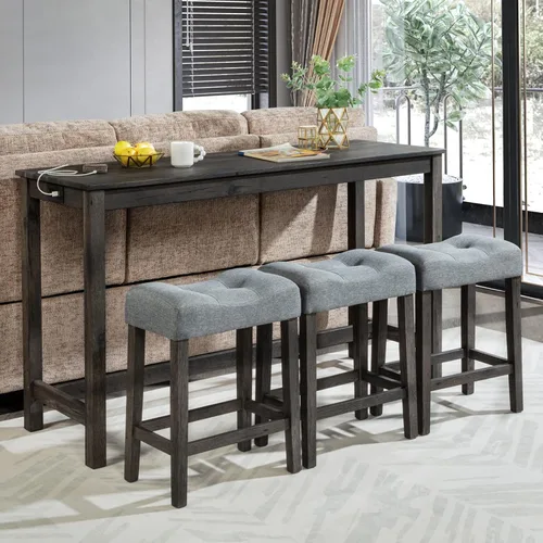 Vista 13 de Juego de mesa de barra de 59" de altura de mostrador con toma de corriente, mesa de desayuno industrial con 3 taburetes acolchados, juego de mesa