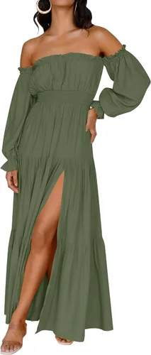 Vista 72 de ZESICA - Vestido largo, bohemio y sexy, con hombros descubiertos y manga larga fruncida, con elástico fruncido, cintura alta y abertura lateral