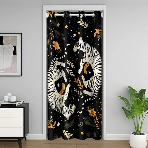 Vista 17 de Manfei Bonita cortina de puerta de gato negro Kawaii para puerta de armario, cortinas opacas con temática de animales estrellados, cortina opaca
