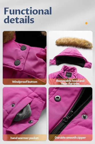 Vista 6 de CREATMO US Chaqueta de esquí larga con forro polar para niña con capucha de pelo grueso