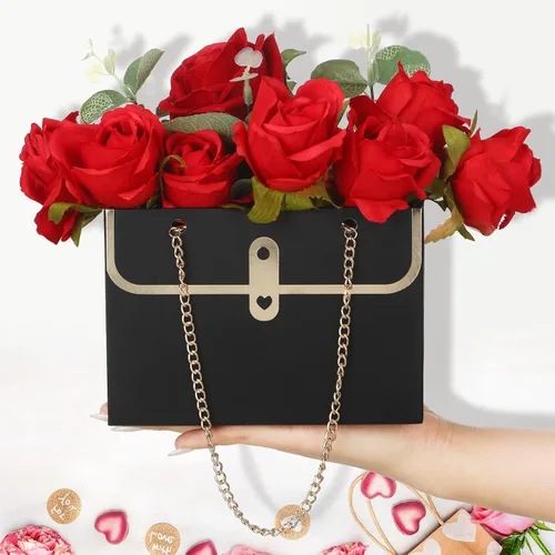 Vista 4 de Lincia 12 cajas de flores negras para boda, bolsa de regalo de flores negras, cajas de ramo con asas para arreglos, papel de regalo de ramo