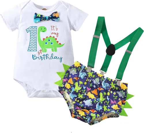 Vista 7 de Ropa divertida para el primer cumpleaños para bebé, ropa para bebé, con corbatín, mameluco, pantalones, conjunto de tirantes, trajes de pastel