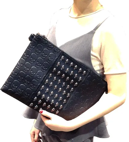 Vista 7 de Bolso de mano con estampado de calavera punk para mujer, color negro