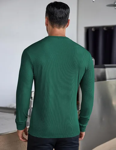 Vista 15 de COOFANDY Camisas Henley de manga larga para hombre, camisetas elásticas acanaladas, camisetas básicas casuales de moda