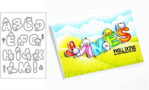 Vista 4 de Juego de sellos y troqueles transparentes de letras de animales para hacer tarjetas, plantillas cortadas para álbumes de recortes, álbum de fotos