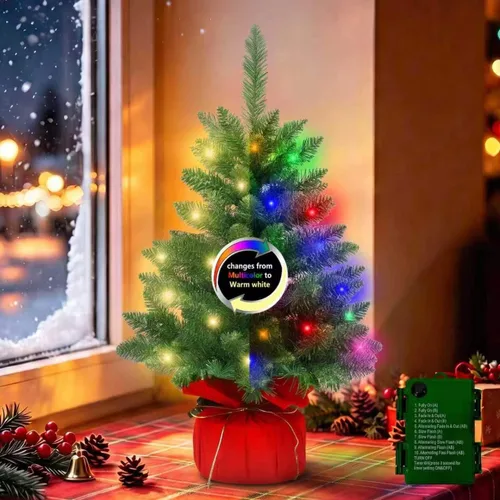 Vista 14 de Árbol de Halloween negro de 2 pies con luces, 50 LED multicolor preiluminado, mini árbol de Navidad artificial morado, árbol de Halloween
