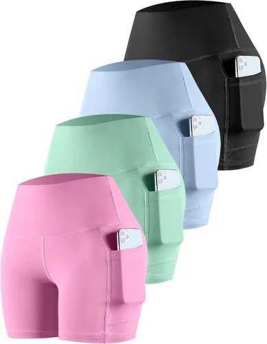 Vista 50 de CHRLEISURE - Pantalones cortos de ciclismo para mujer con bolsillos de licra, cintura alta, con control de abdomen para entrenamiento, yoga