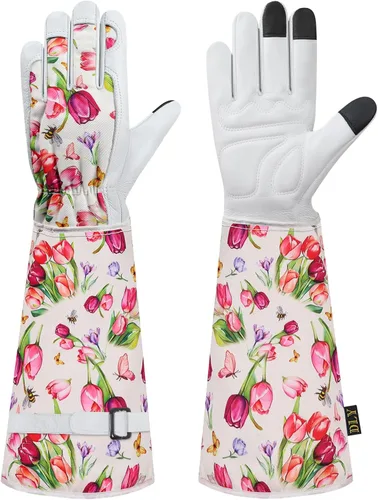 Vista 10 de DLY Guantes de jardinería para mujeres, guantes para rosas resistentes a espinas, guantes largos de jardín para mujeres, guantelete de cuero vacuno