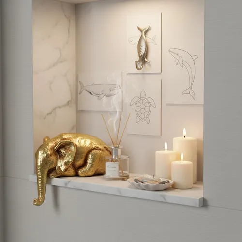 Vista 6 de Braxio Estatua de elefante para decoración del hogar, escultura abstracta de elefante dorado de resina para estantes, escritorio, mesa, oficina