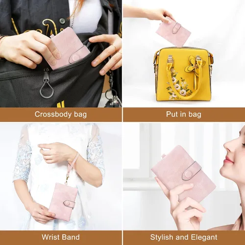 Vista 7 de CONISY Billeteras pequeñas de pulsera para mujer, billetera de cuero plegable RFID con ventana de identificación y cremallera Small, Bifold, RFID