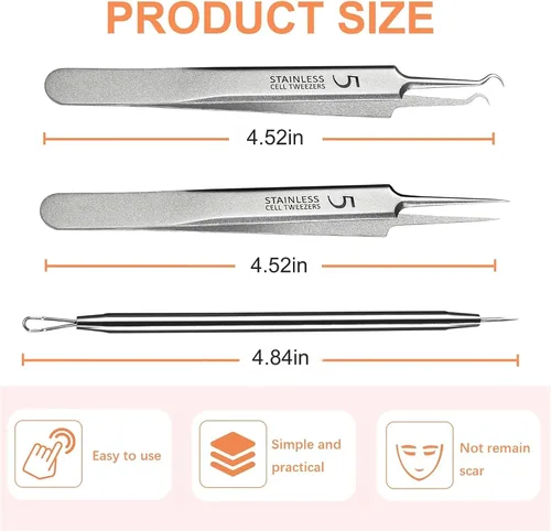 Vista 6 de Kit de 6 herramientas para eliminar puntos negros, pinzas de precisión, popper de espinillas, extractor de pelo encarnado, juego de clips de comedón
