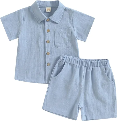 Vista 9 de BULINGNA Conjunto de 2 piezas de camiseta de manga corta con botones y pantalones cortos para bebé, algodón, lino, verano Verde militar