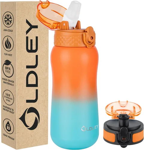 Vista 16 de Botella de agua aislada Oldley de 12 oz con pajita, botella de agua de acero inoxidable con 2 tapas, botellas de doble pared con vacío para adultos