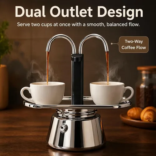 Vista 3 de Olla de Moka de Acero Inoxidable, Cafetera de Espresso de 2 Tazas para Estufa con Doble Boca, Fácil de Operar, Prepara Café Rápidamente, Olla