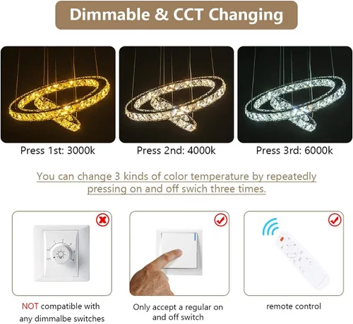 Vista 2 de Candelabros modernos de cristal, regulables, redondos, con control remoto, 2 anillos, lámpara colgante de techo LED para vestíbulo, comedor, sala