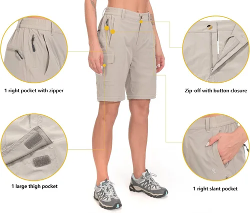Vista 4 de Little Donkey Andy. Pantalones convertibles para mujer, elásticos, con cremallera y de secado rápido, para senderismo Caqui