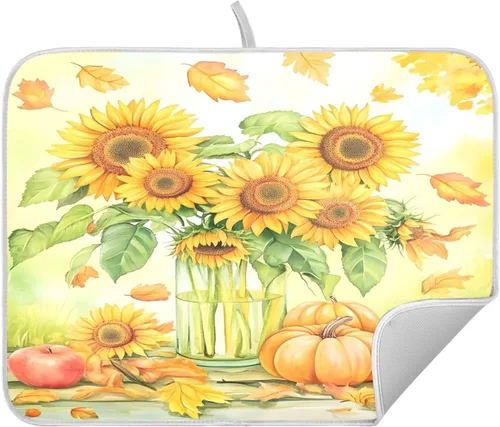 Vista 23 de Tapete de secado de platos de hojas de otoño y girasol, almohadilla absorbente de secado rápido, protector para encimera de cocina, 16 x 18 pulgadas