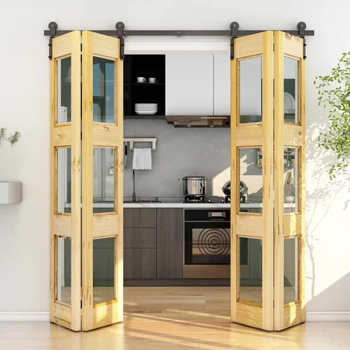 Vista 3 de TSMST Kit de riel de puerta corrediza de granero de doble pliegue de 8 pies/96 pulgadas para 4 puertas, kit de herrajes para puerta de granero